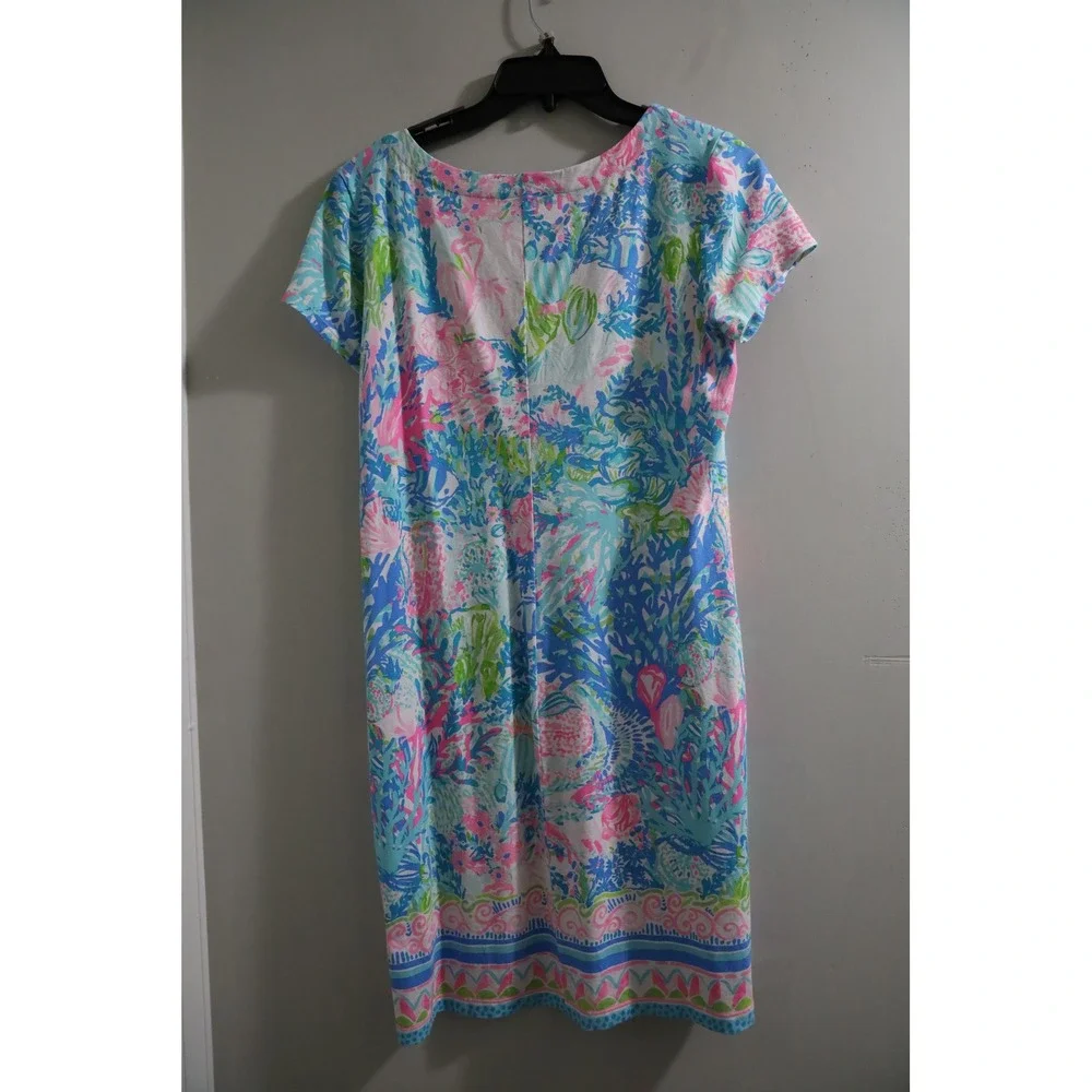 Lilly Pulitzer Kaftan Dress Coral Reef Print Blue Pink‎ Green V Neck Size M
